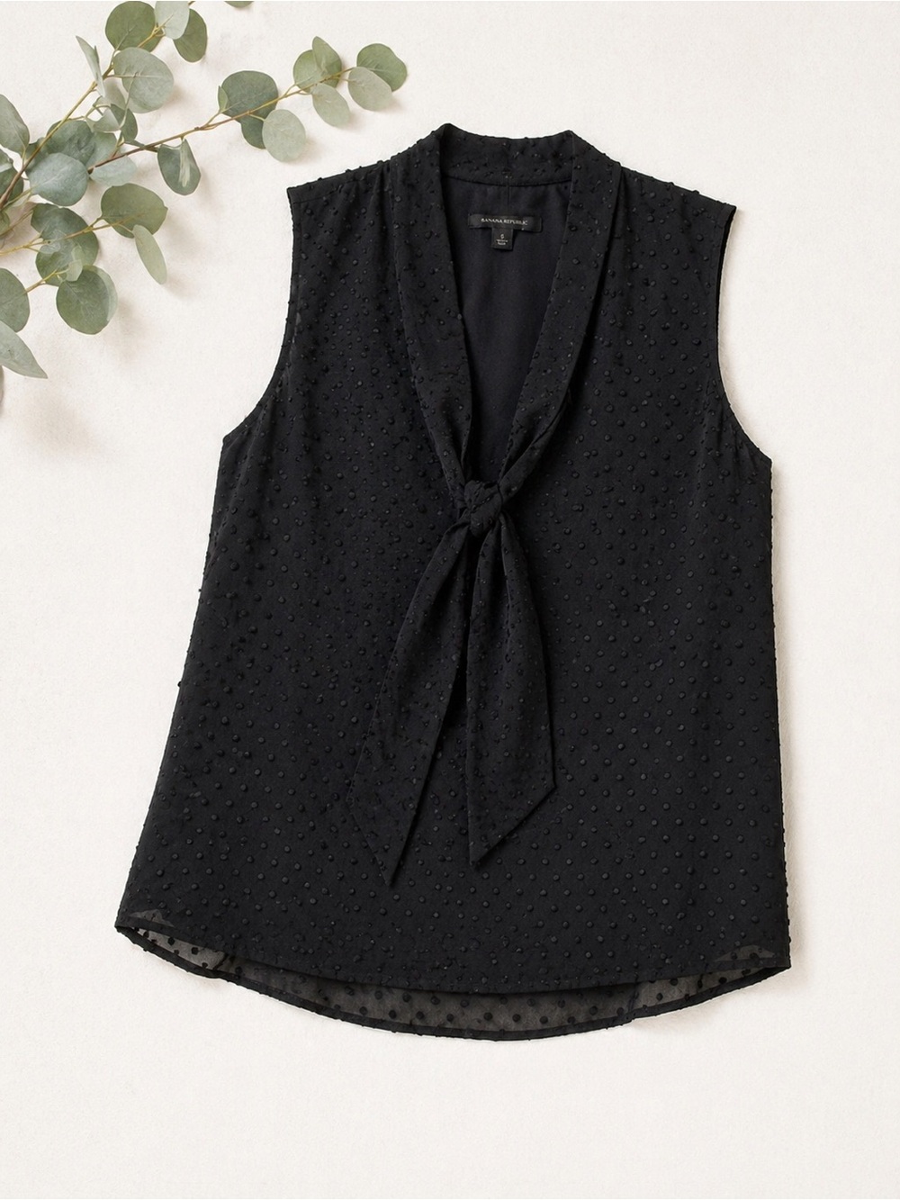 Banana Republic Black Swiss Dot Tie Neck Blouse | Small | Quiet Luxury Chic